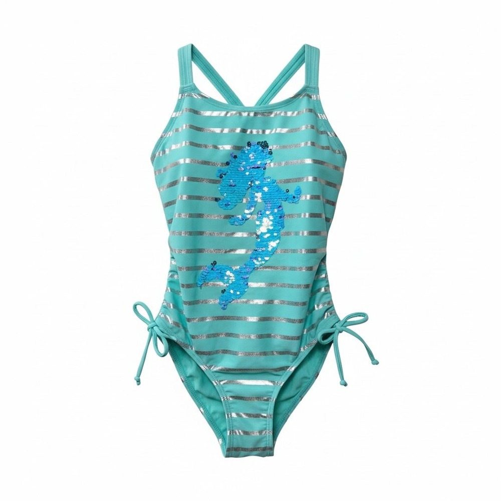 Justice Girls Mermaid Flip Sequin One Piece Swimsuit Teal Silver Striped Size 8